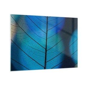 Glasbild - Bild auf glas - Eine Nahaufnahme eines blauen Blattes, die die Blattaderstruktur zeigt. - 70x50cm - Komplizierte Konstruktion - Moderne Wanddekoration für Wohnzimmer und Schlafzimmer ARTTOR