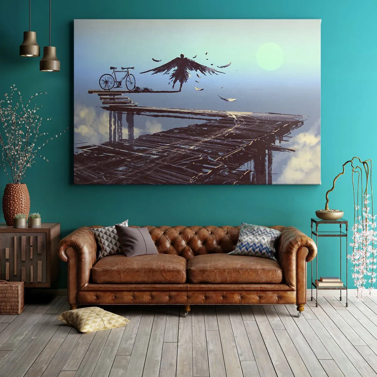 Bild auf Leinwand - Leinwandbild - Eine Figur mit Federn schwebt über einer Holzbrücke neben einem Fahrrad. - 70x50cm - Ikarus lebt für immer - Moderne Wanddekoration für Wohnzimmer und Schlafzimmer ARTTOR
