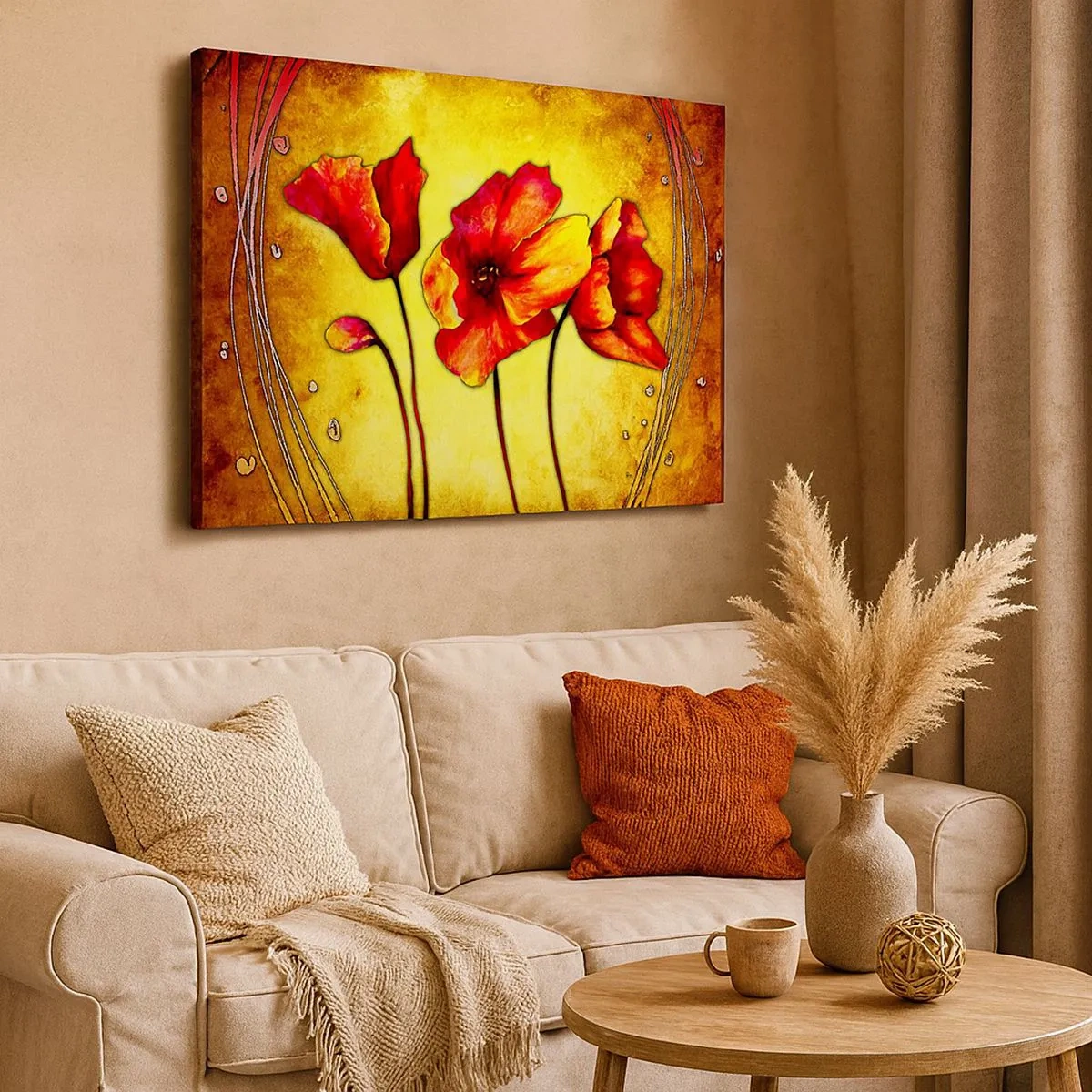 Bild auf Leinwand - Leinwandbild - Rote und gelbe Blumen auf goldenem Hintergrund mit dekorativen Mustern - 70x50cm - In Jugendstil-Dekorationen - Moderne Wanddekoration für Wohnzimmer und Schlafzimmer ARTTOR