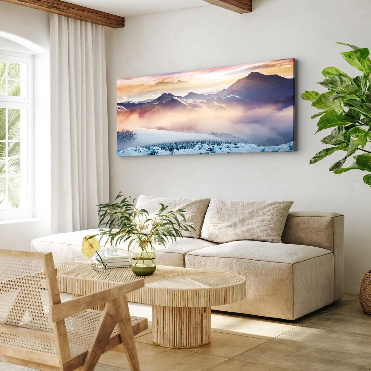 Bild auf Leinwand - Leinwandbild - Schneebedeckte Berge im Morgengrauen mit einem farbenfrohen Himmel - 160x50cm - Die Kraft und Reinheit der Natur - Moderne Wanddekoration für Wohnzimmer und Schlafzimmer ARTTOR
