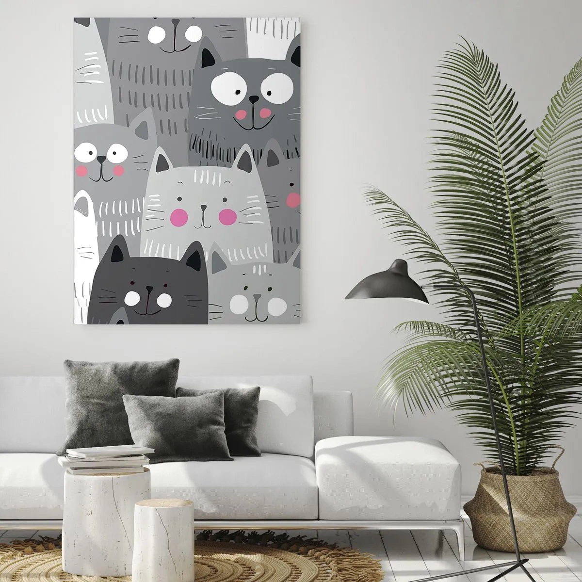 Glasbild - Bild auf glas - Lustige Katzen in grauen Farben auf weißem Hintergrund - 50x70cm - Katzenwelt - Moderne Wanddekoration für Wohnzimmer und Schlafzimmer ARTTOR