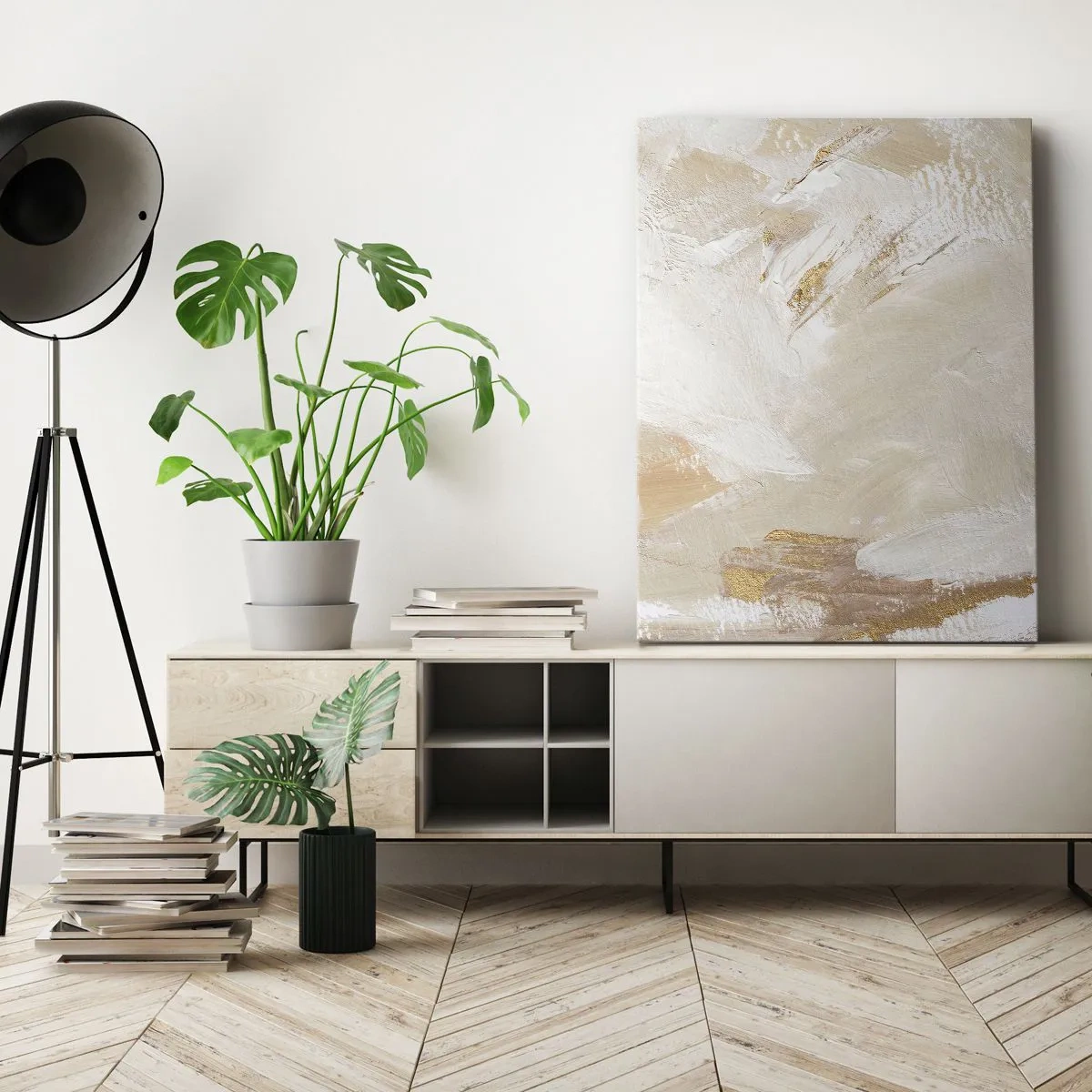 Bild auf Leinwand - Leinwandbild - Zarte abstrakte Töne in Beige- und Goldtönen - 50x70cm - Pastellkomposition - Moderne Wanddekoration für Wohnzimmer und Schlafzimmer ARTTOR