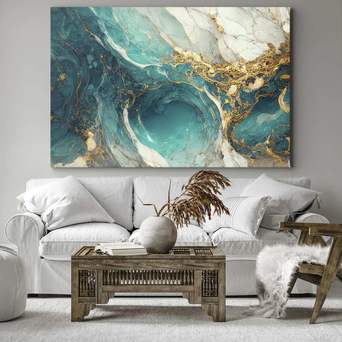 Bild auf Leinwand - Leinwandbild - Eine abstrakte Komposition in Türkis- und Goldtönen. - 70x50cm - Komposition mit Goldadern - Moderne Wanddekoration für Wohnzimmer und Schlafzimmer ARTTOR