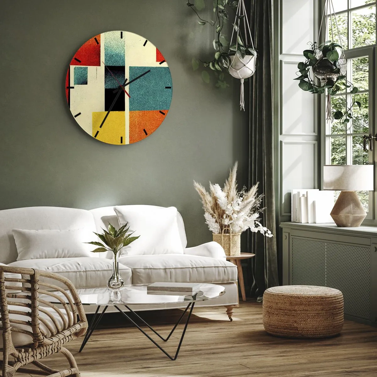 Wanduhr - Glasuhr - Geometrische Komposition aus bunten Rechtecken auf hellem Hintergrund - 30x30cm - Geometrische Abstraktion – gute Energie - Moderne Wanddekoration für Wohnzimmer, Küche und Schlafzimmer ARTTOR
