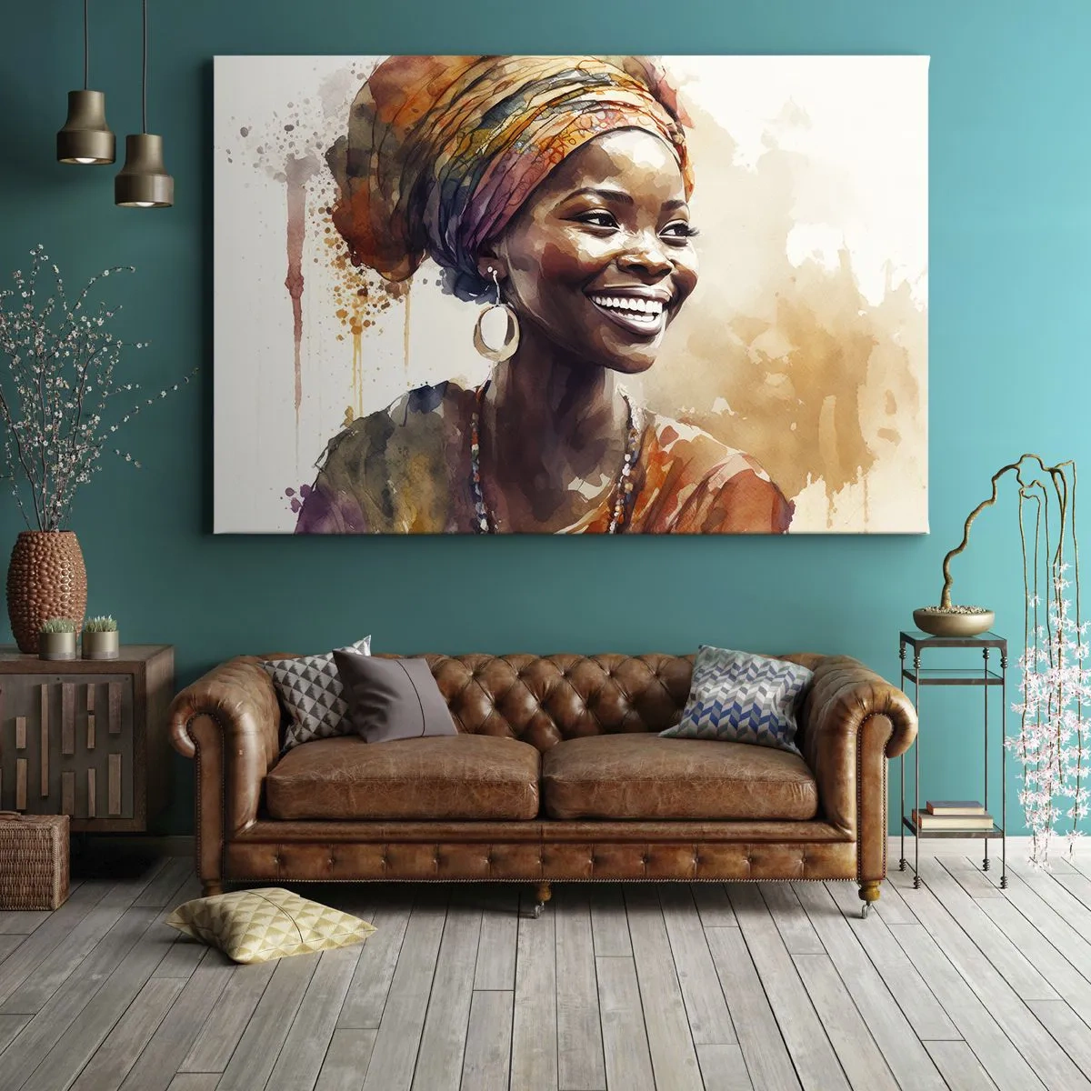 Bild auf Leinwand - Leinwandbild - Porträt einer lächelnden Frau mit buntem Schal in Aquarell - 120x80cm - Afrikanische Königin - Moderne Wanddekoration für Wohnzimmer und Schlafzimmer ARTTOR