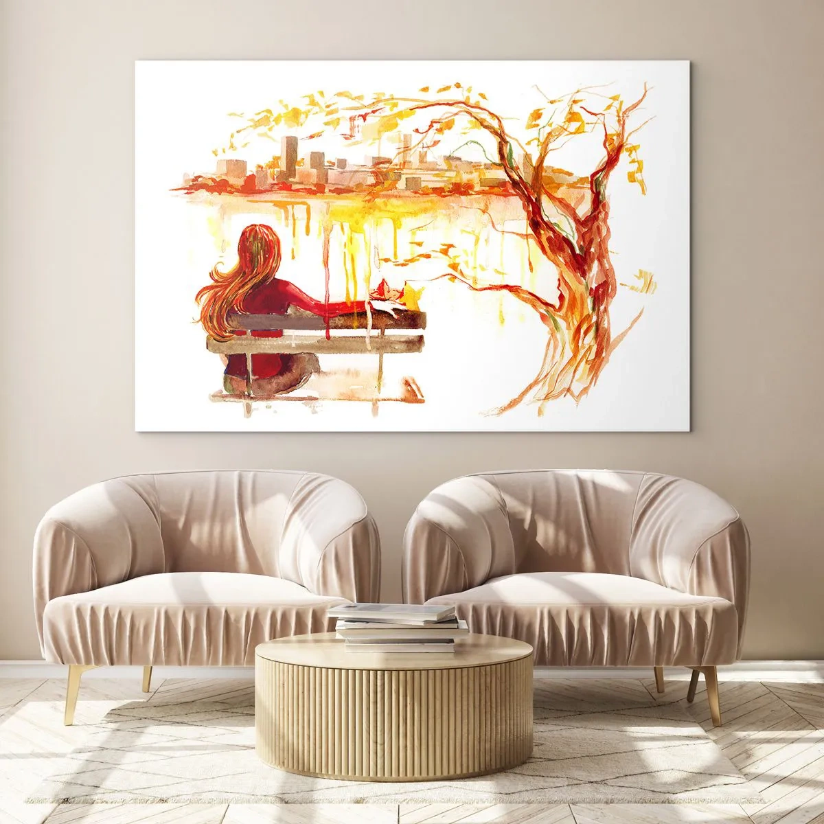 Glasbild - Bild auf glas - Eine Figur auf einer Bank mit Blick auf die Stadt in Aquarell - 70x50cm - Ein Moment der Besinnung - Moderne Wanddekoration für Wohnzimmer und Schlafzimmer ARTTOR