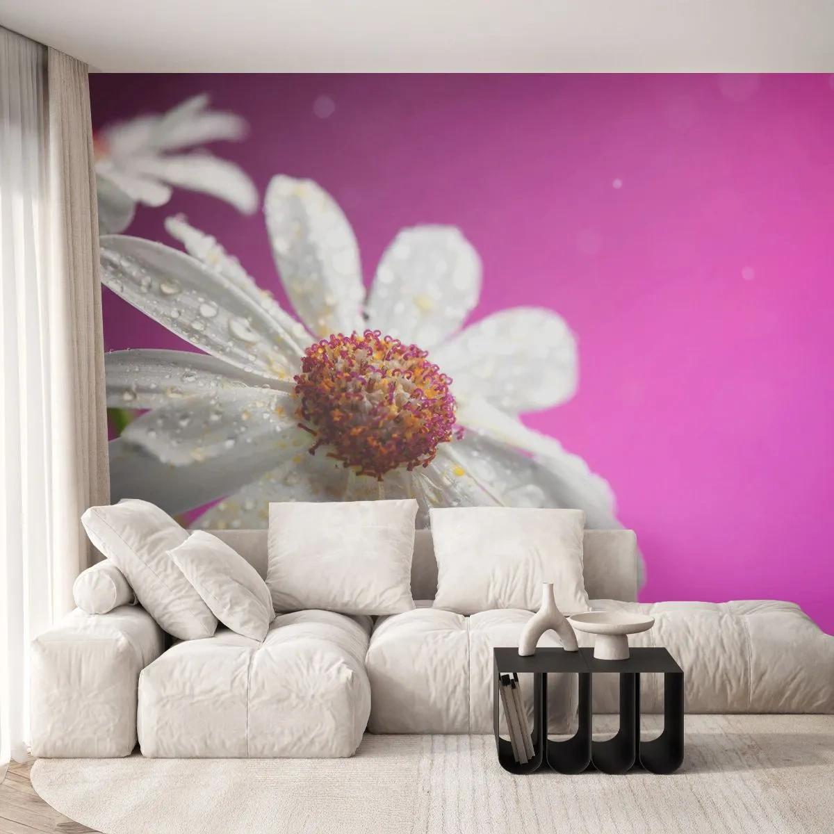 Fototapete Premium Sand - Weißes Gänseblümchen mit Tautropfen auf violettem Hintergrund - 100x70cm - Bescheiden in seiner Schönheit - Moderne Wanddekoration für Wohnzimmer und Schlafzimmer ARTTOR