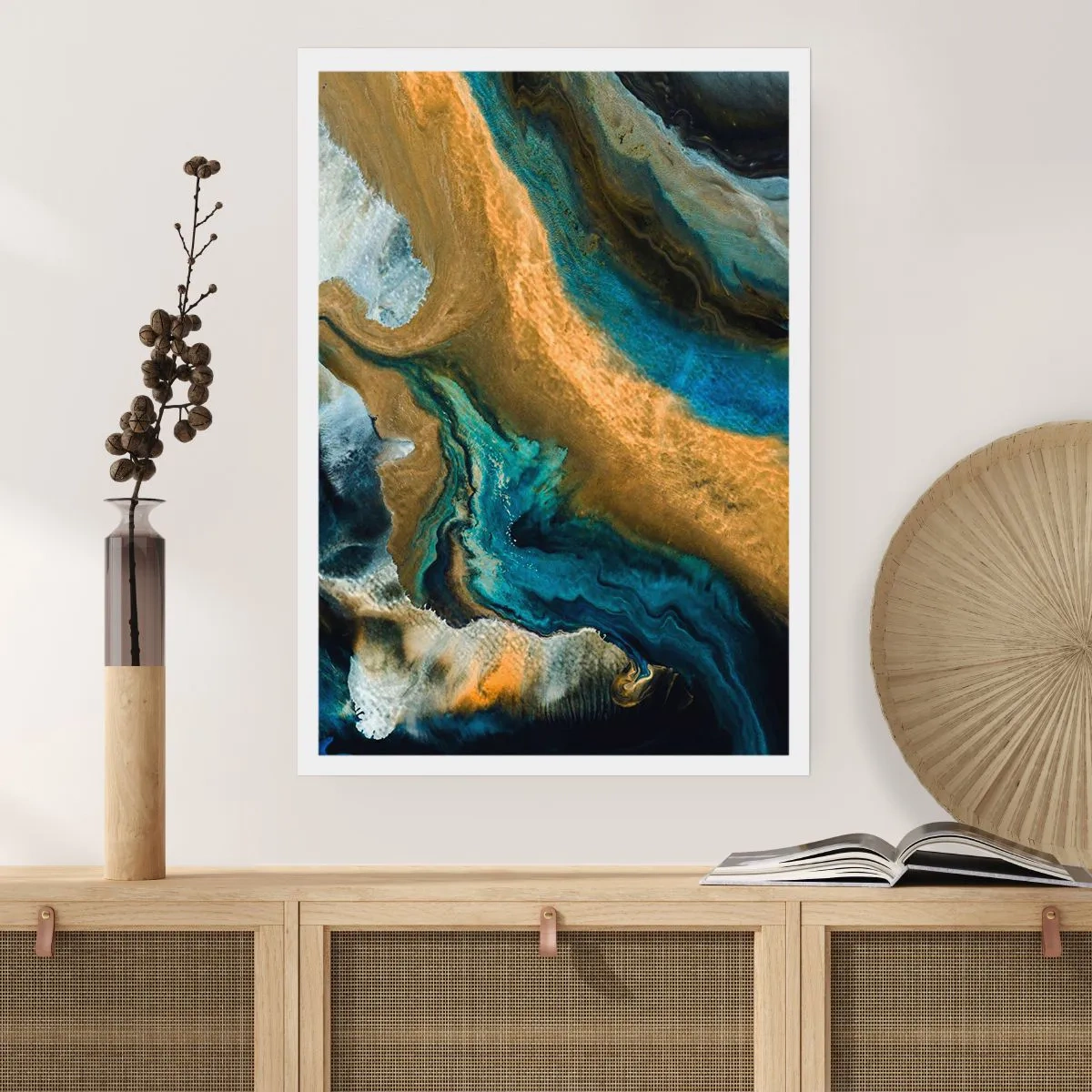 Poster - Eine abstrakte Komposition in Gold- und Blautönen. - 50x70cm - Blau - Gelb - gegenseitige Beeinflussung - Moderne Wanddekoration für Wohnzimmer und Schlafzimmer ARTTOR