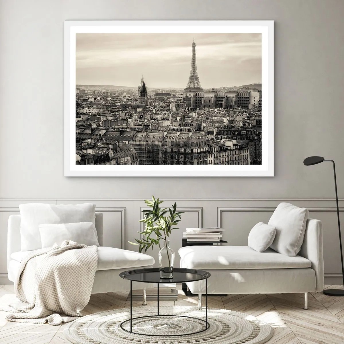 Poster in einem weißen Rahmen - Über den Dächern von Paris - 91x61 cm