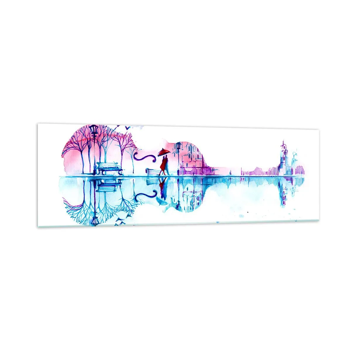 Glasbild - Bild auf glas - Stadtsilhouette in Form einer Violine in Aquarellfarben - 160x50cm - Ich bringe dir ein paar Regenbögen - Moderne Wanddekoration für Wohnzimmer und Schlafzimmer ARTTOR