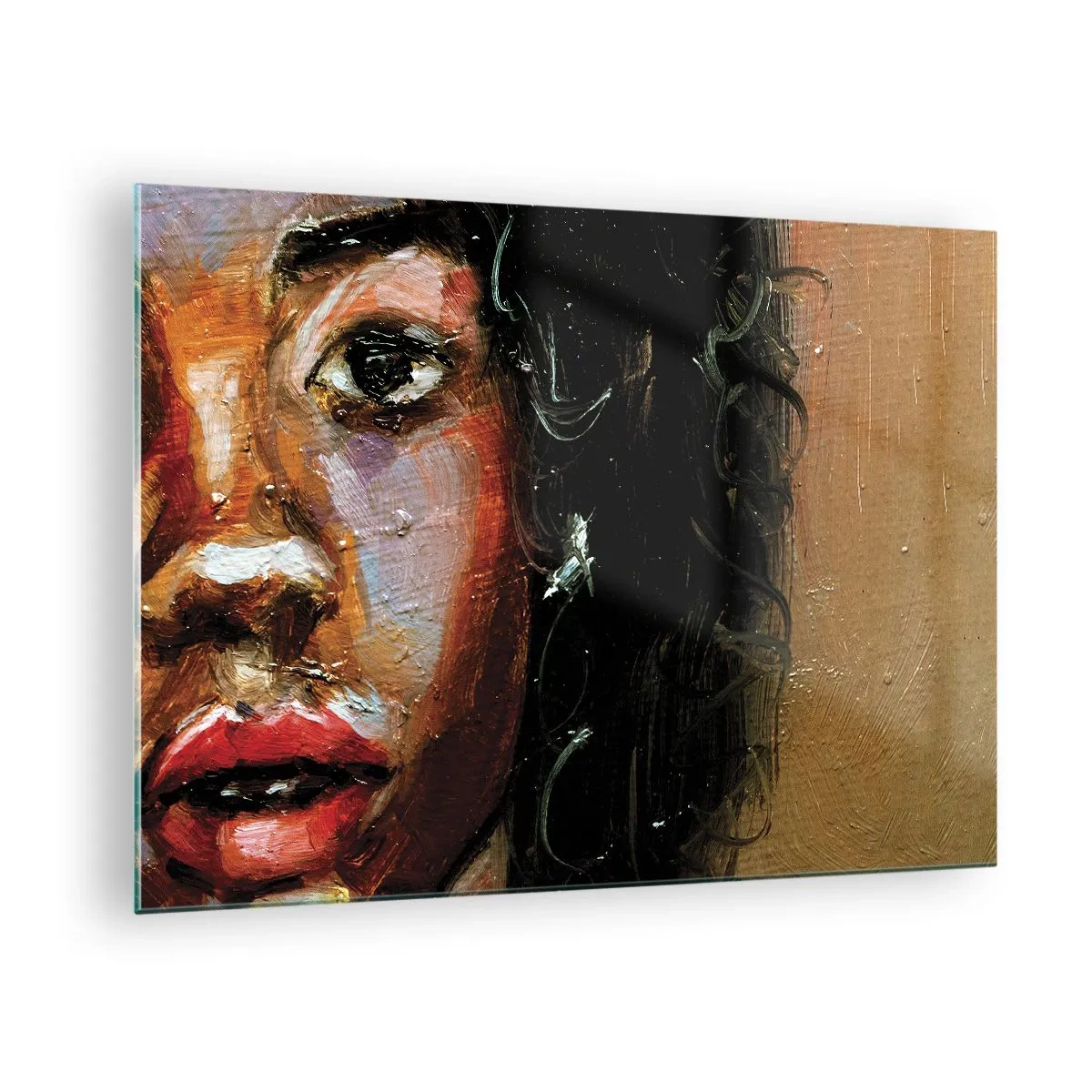 Glasbild - Bild auf glas - Fragment eines farbenfrohen Frauenporträts im malerischen Stil - 70x50cm - Schwarz und Glanz - Moderne Wanddekoration für Wohnzimmer und Schlafzimmer ARTTOR