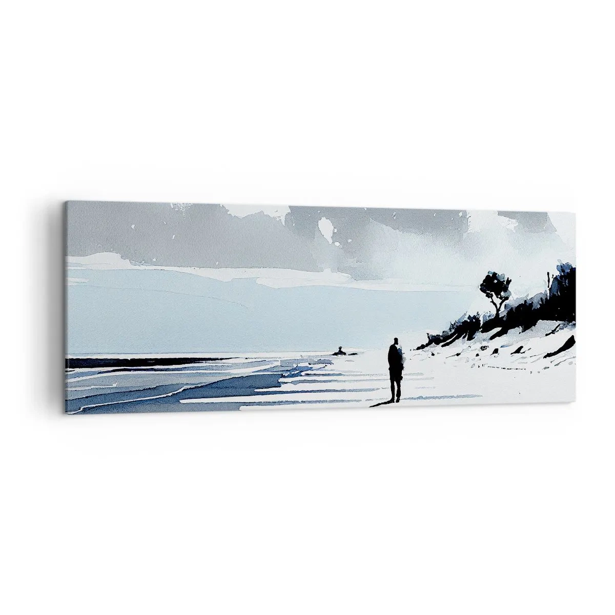 Bild auf Leinwand - Leinwandbild - Eine einsame Gestalt, die an einem leeren Strand entlanggeht - 140x50cm - Allein sein - Moderne Wanddekoration für Wohnzimmer und Schlafzimmer ARTTOR
