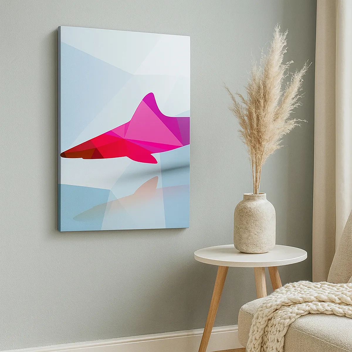 Bild auf Leinwand - Leinwandbild - Geometrische Hai-Silhouette in Rosa- und Blautönen - 50x70cm - Ein Hai in einem Kristallraum - Moderne Wanddekoration für Wohnzimmer und Schlafzimmer ARTTOR