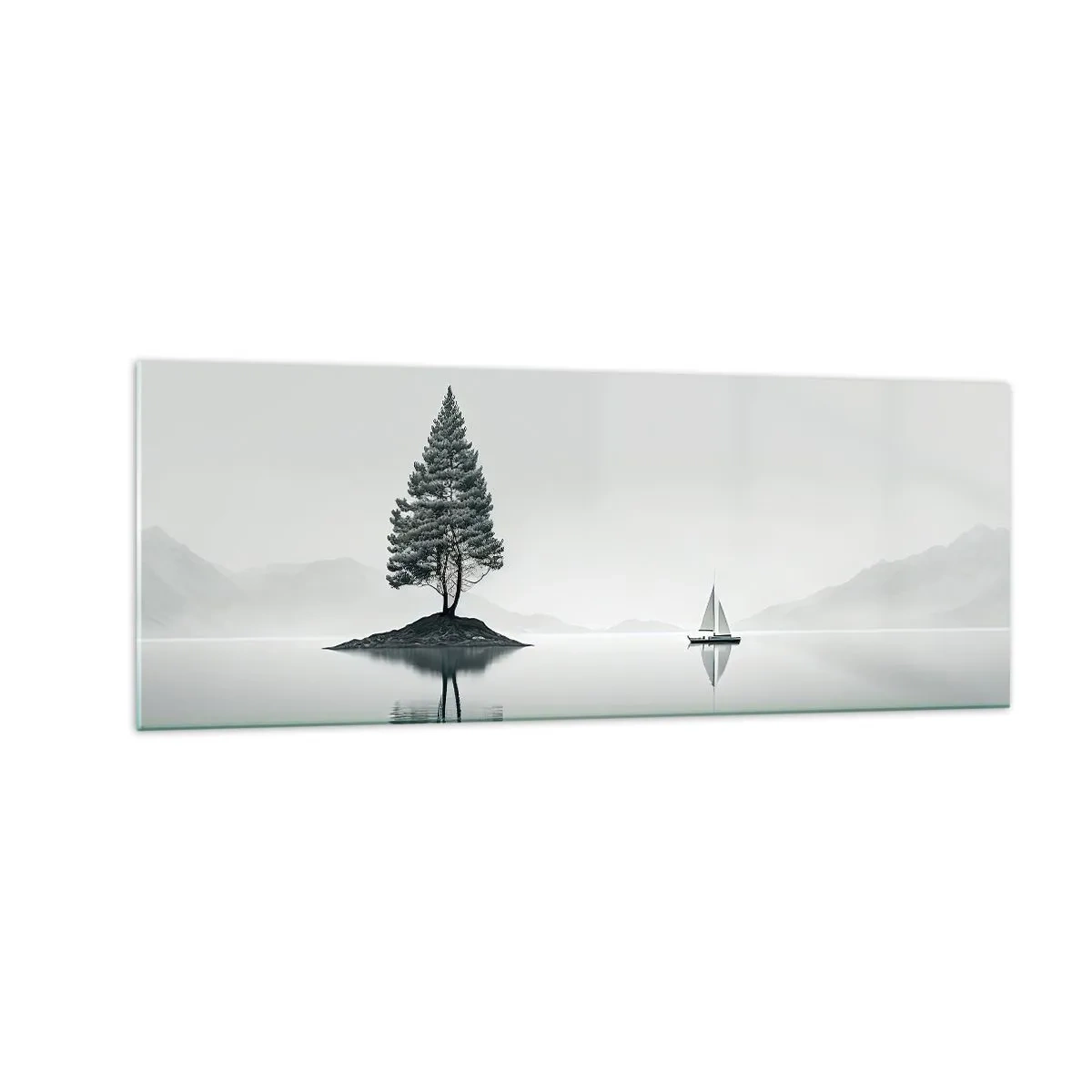 Glasbild - Bild auf glas - Eine minimalistische Landschaft mit einem Baum auf einer Insel und einem Segelboot. - 140x50cm - Traum - Moderne Wanddekoration für Wohnzimmer und Schlafzimmer ARTTOR