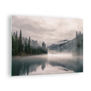 Glasbild - Bild auf glas - Morgendlicher Blick auf einen See im Wald, in Nebel gehüllt - 70x50cm - In Reflexion, im Nebel - Moderne Wanddekoration für Wohnzimmer und Schlafzimmer ARTTOR