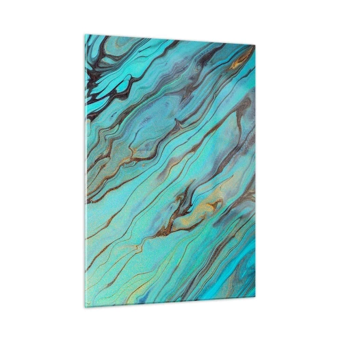 Glasbild - Bild auf glas - Abstrakte Streifen in Türkis und Gold - 50x70cm - Türkisfarbene Flut - Moderne Wanddekoration für Wohnzimmer und Schlafzimmer ARTTOR