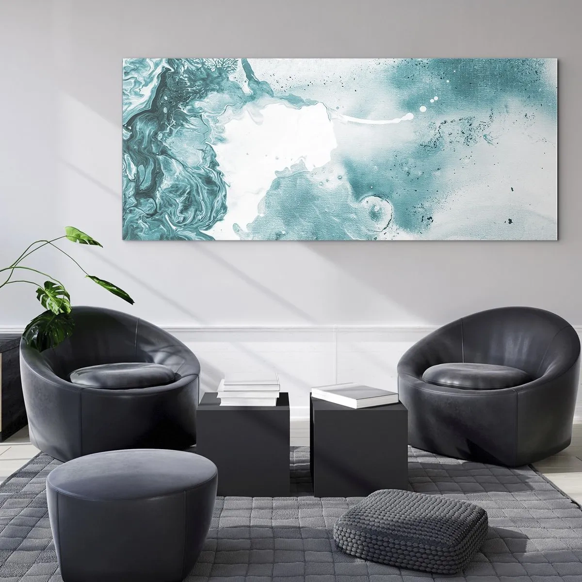 Glasbild - Bild auf glas - Abstraktion in Blautönen mit zarten Akzenten in Weiß - 120x50cm - Morast von Blau - Moderne Wanddekoration für Wohnzimmer und Schlafzimmer ARTTOR