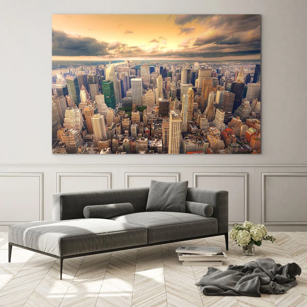 Glasbild - Bild auf glas - Stadtpanorama mit Wolkenkratzern bei Sonnenuntergang - 120x80cm - Vergoldete Metropole - Moderne Wanddekoration für Wohnzimmer und Schlafzimmer ARTTOR