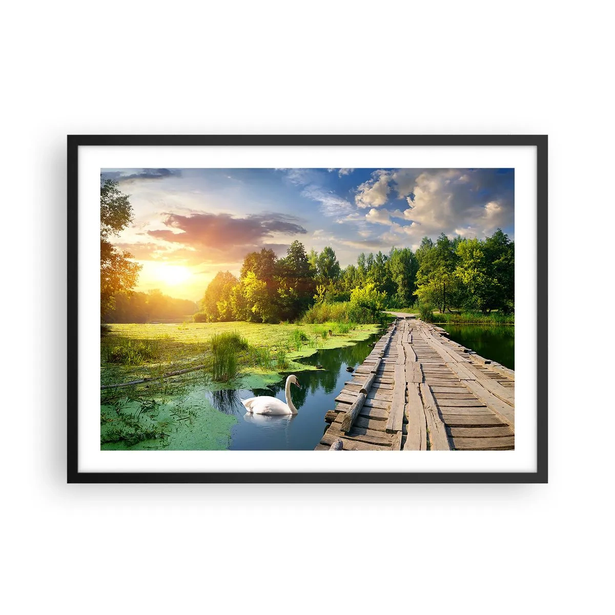 Poster in einem schwarzem Rahmen - Eine malerische Landschaft mit einer Brücke und einem Schwan - 70x50cm - Sommer, Sommer überall - Moderne Wanddekoration für Wohnzimmer und Schlafzimmer ARTTOR