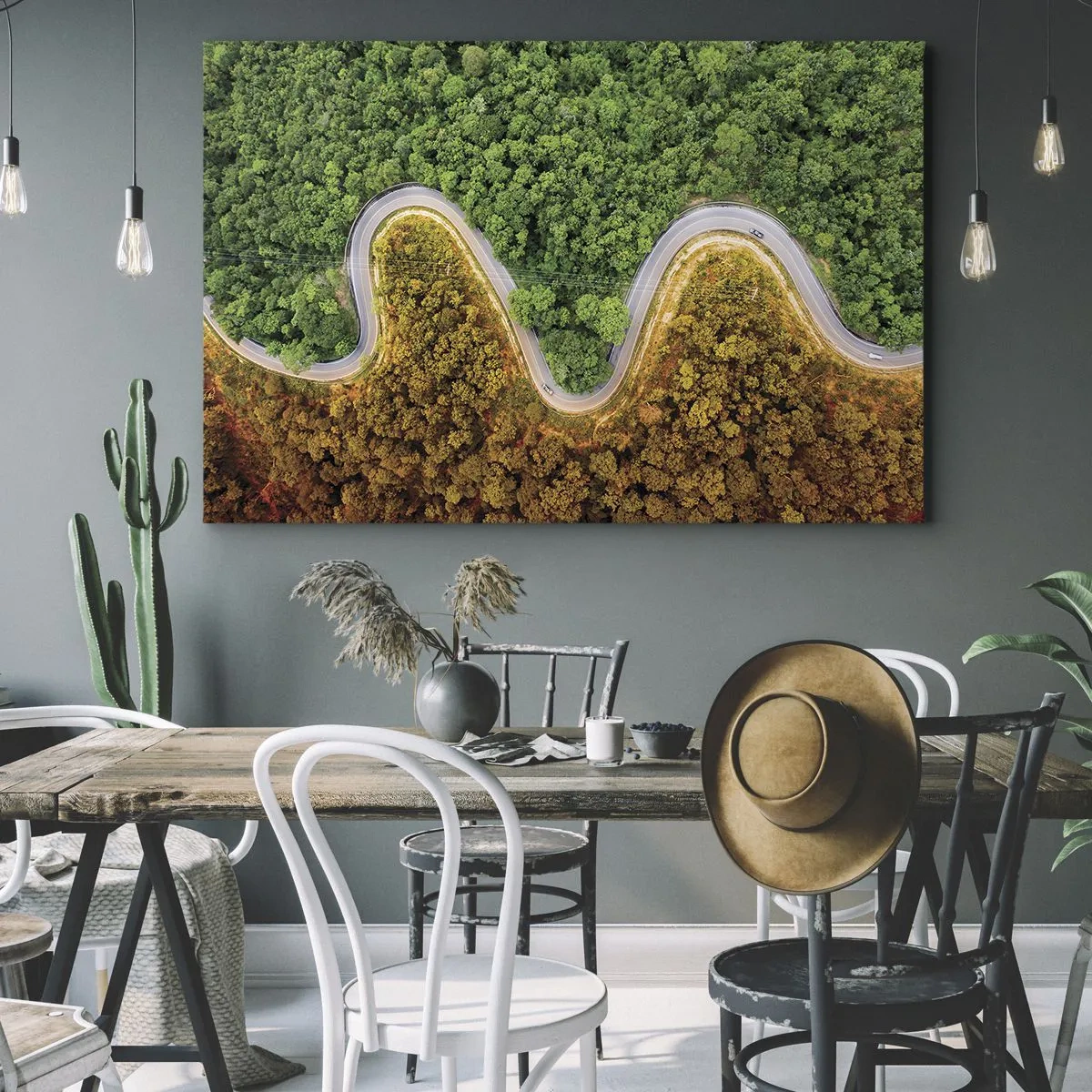 Bild auf Leinwand - Leinwandbild - Eine kurvenreiche Straße durch den Wald aus der Vogelperspektive gesehen - 100x70cm - Grenzen und Durchbrüche - Moderne Wanddekoration für Wohnzimmer und Schlafzimmer ARTTOR