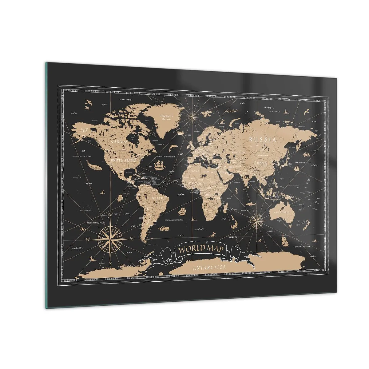 Glasbild - Bild auf glas - Stilisierte Weltkarte in Beige- und Schwarztönen - 70x50cm - Die Grenzen meiner Welt - Moderne Wanddekoration für Wohnzimmer und Schlafzimmer ARTTOR