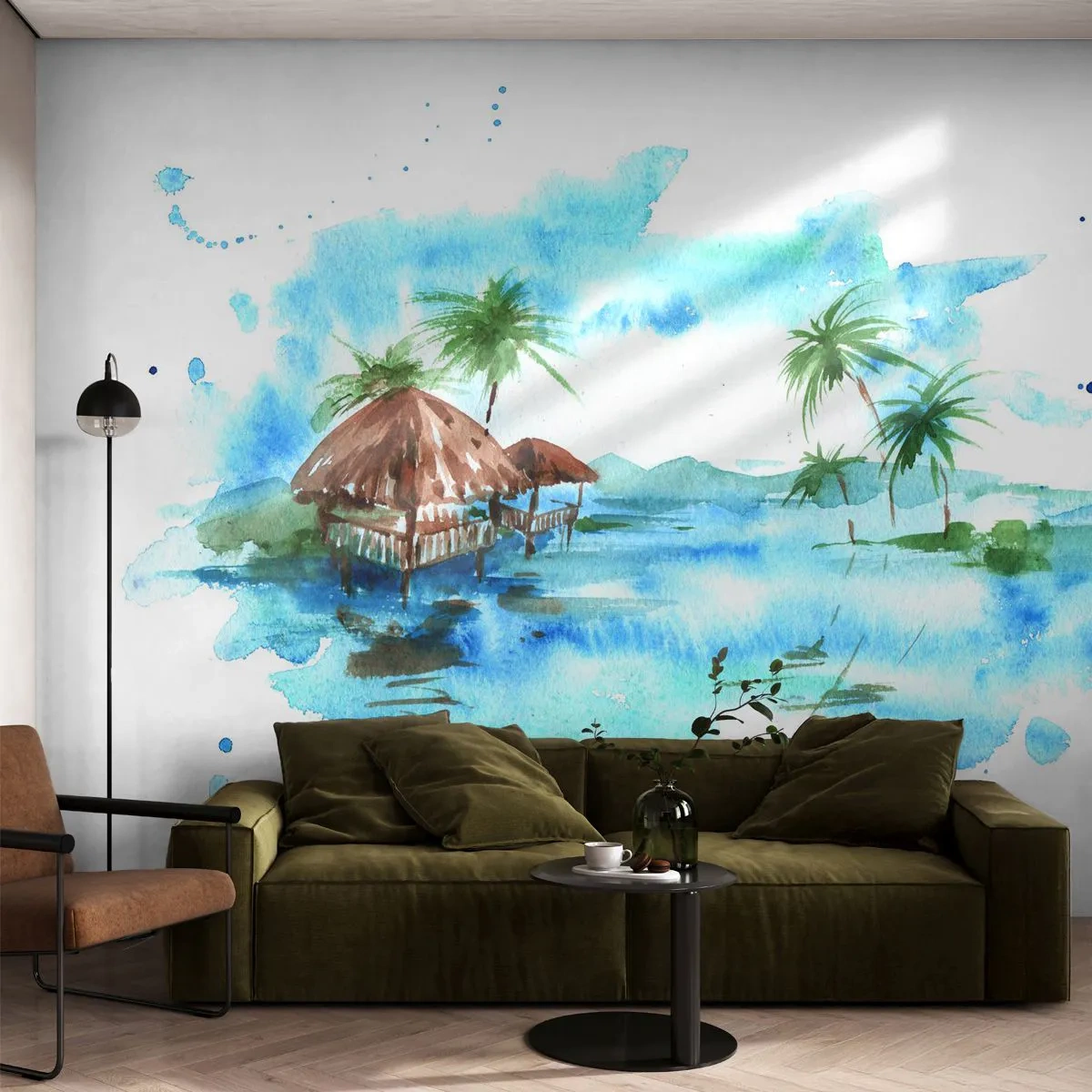 Fototapete Premium Sand - Aquarellillustration tropischer Wasserhäuser - 100x70cm - Irgendwo im Pazifik - Moderne Wanddekoration für Wohnzimmer und Schlafzimmer ARTTOR