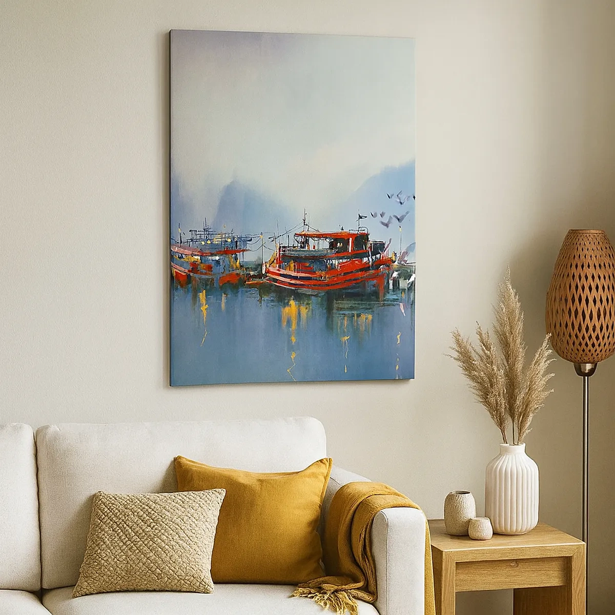 Bild auf Leinwand - Leinwandbild - Ein Hafen mit roten Booten, umgeben von einer nebligen Landschaft - 50x70cm - Am Ende der Welt - Moderne Wanddekoration für Wohnzimmer und Schlafzimmer ARTTOR