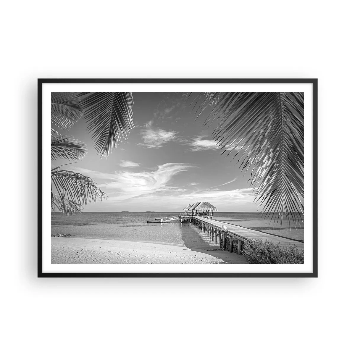 Poster in einem schwarzem Rahmen - Schwarz-weißer Strand mit Pier und Palmen an einer tropischen Küste - 100x70cm - Erinnerung oder Traum? - Moderne Wanddekoration für Wohnzimmer und Schlafzimmer ARTTOR