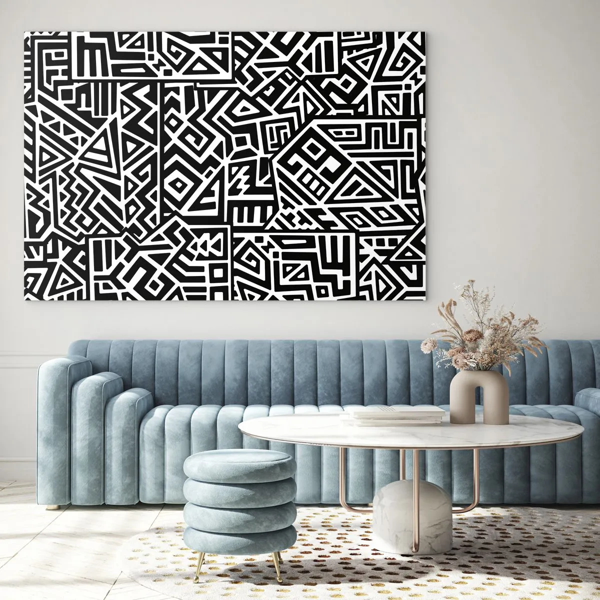 Glasbild - Bild auf glas - Schwarz-weißes Muster, inspiriert von Stammeskunst - 70x50cm - Präkolumbianische Komposition - Moderne Wanddekoration für Wohnzimmer und Schlafzimmer ARTTOR