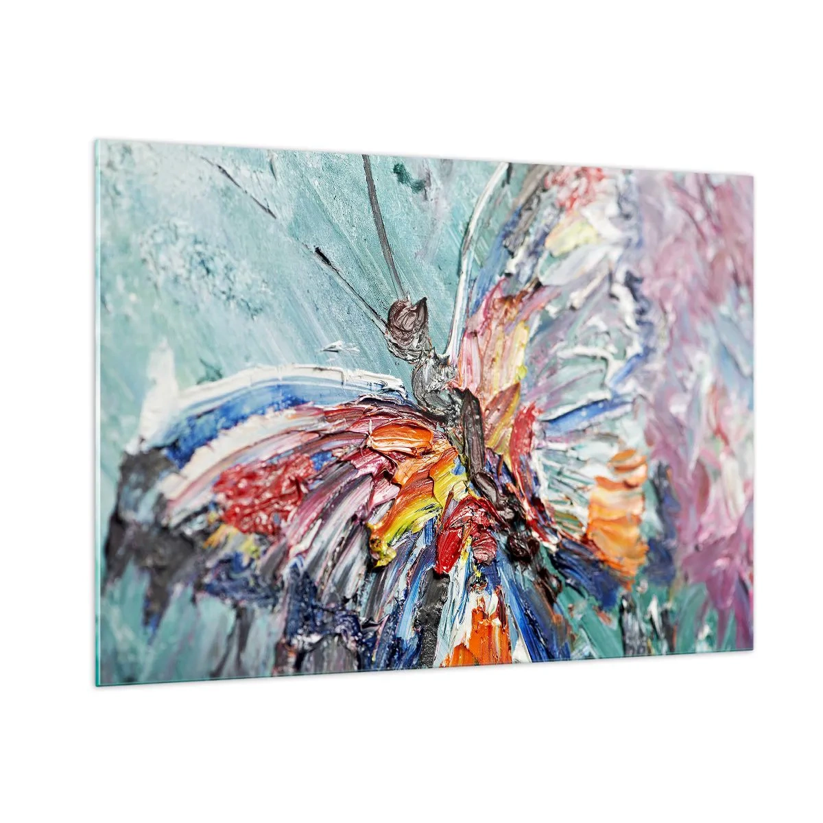 Glasbild - Bild auf glas - Bunter Schmetterling im abstrakten Stil auf blauem Hintergrund - 100x70cm - Von der Natur gemalt - Moderne Wanddekoration für Wohnzimmer und Schlafzimmer ARTTOR