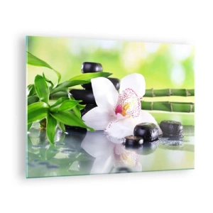 Glasbild - Bild auf glas - Orchidee, Bambus und schwarze Steine vor grünem Hintergrund - 70x50cm - Kühle Frische - Moderne Wanddekoration für Wohnzimmer und Schlafzimmer ARTTOR
