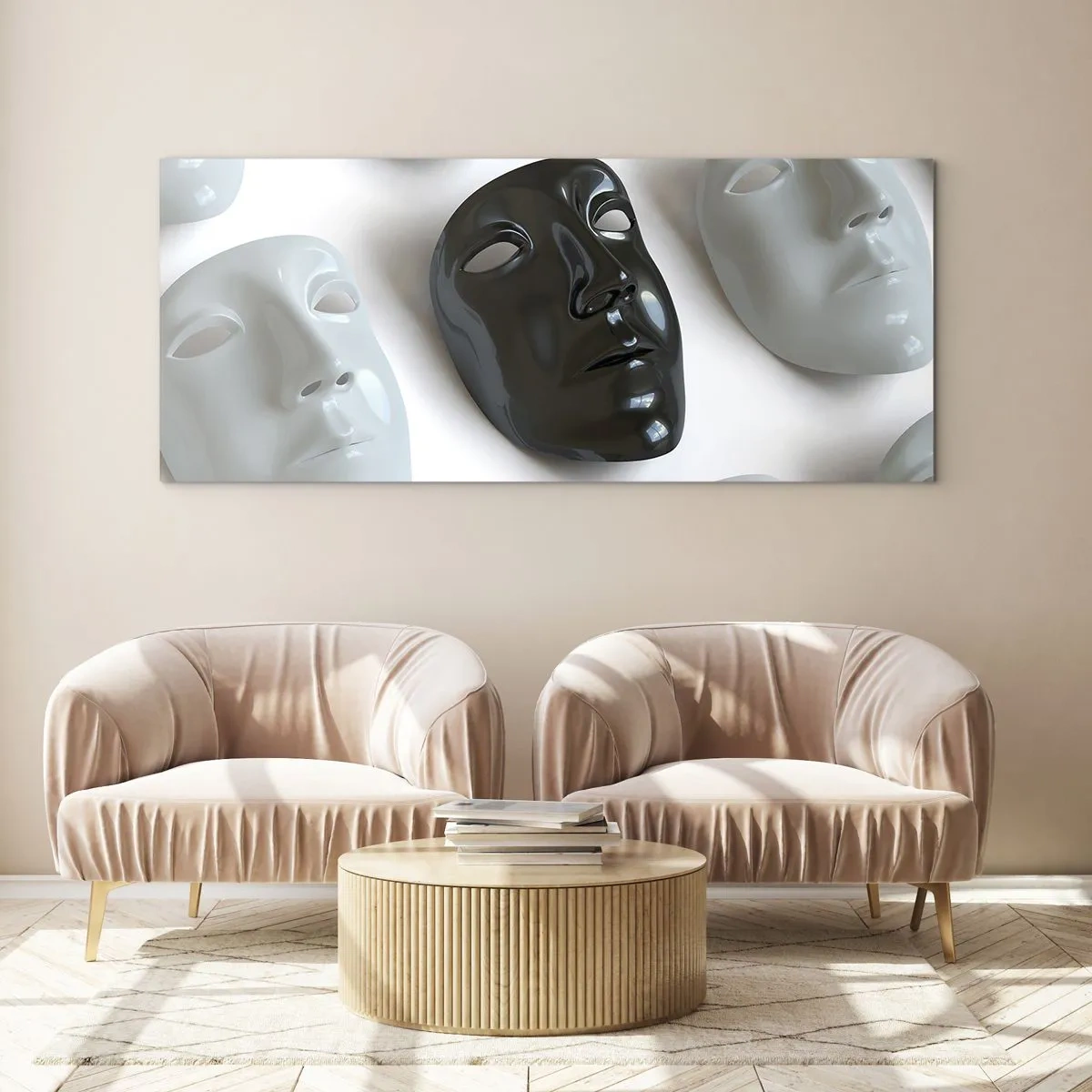 Glasbild - Bild auf glas - Schwarz-weiße Masken auf hellem Hintergrund - 160x50cm - Wie hebt man sich ab? - Moderne Wanddekoration für Wohnzimmer und Schlafzimmer ARTTOR