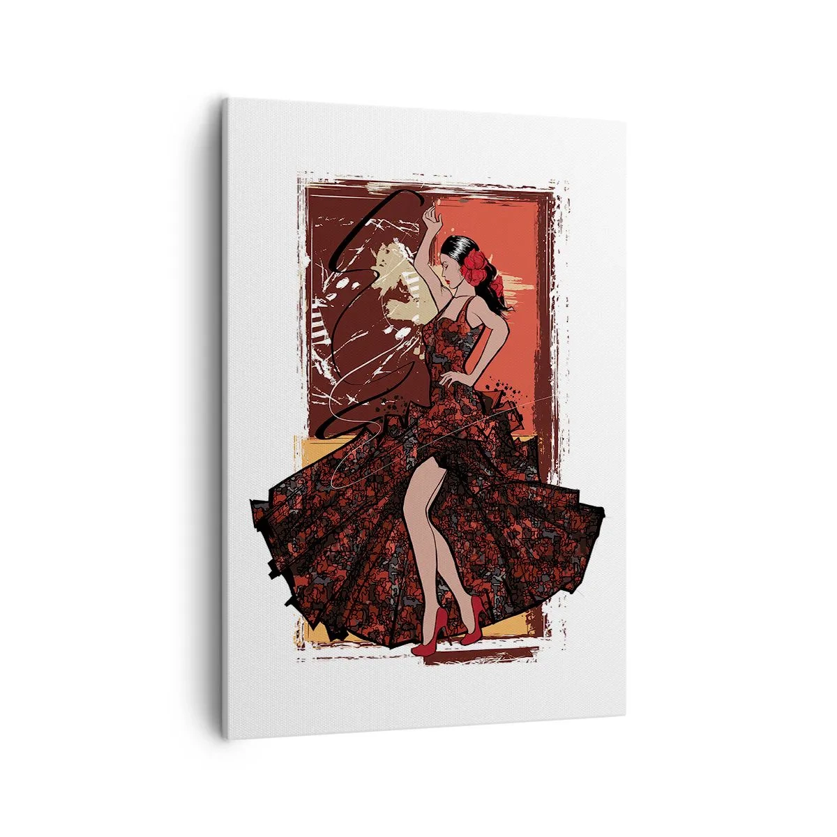 Bild auf Leinwand - Leinwandbild - Eine Tänzerin in einem rot-schwarzen Kleid vor einem künstlerischen Hintergrund - 50x70cm - Im Rhythmus des Herzens - Moderne Wanddekoration für Wohnzimmer und Schlafzimmer ARTTOR