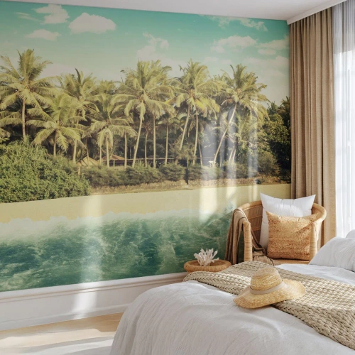 Fototapete Premium Sand - Ein Strand mit Palmen und blauem Meer an einem sonnigen Tag - 100x70cm - Wie wäre es hier? - Moderne Wanddekoration für Wohnzimmer und Schlafzimmer ARTTOR