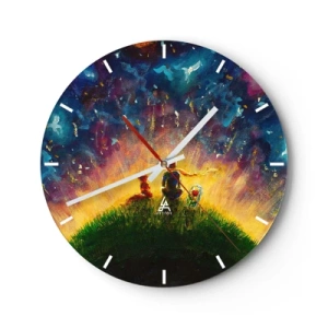 Wanduhr - Glasuhr - Ein Gemälde, das zwei Figuren vor einem bunten Himmel zeigt - 30x30cm - Liebe und Freundschaft - die ganze Welt - Moderne Wanddekoration für Wohnzimmer, Küche und Schlafzimmer ARTTOR