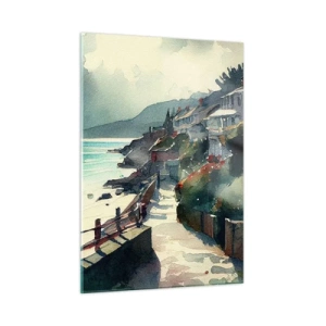 Glasbild - Bild auf glas - Eine Strandpromenade mit bunten Häusern und Wasser - 50x70cm - Mittelmeerstadt - Moderne Wanddekoration für Wohnzimmer und Schlafzimmer ARTTOR