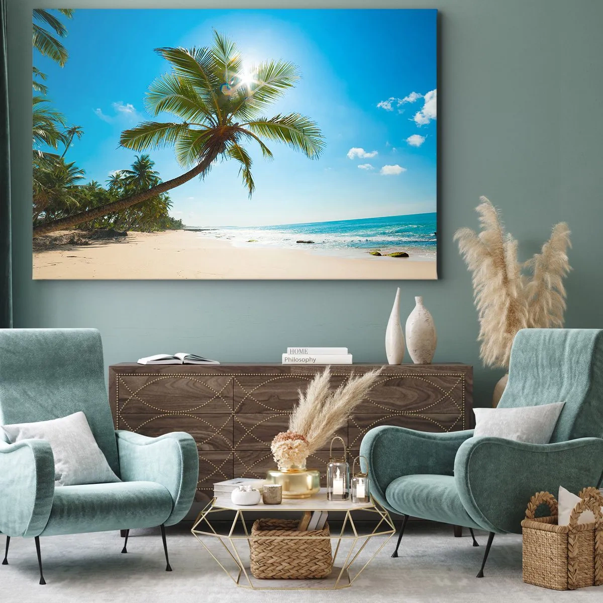 Bild auf Leinwand - Leinwandbild - Ein Strand mit Palmen in einer tropischen Landschaft - 70x50cm - Niemandem zeigen - Moderne Wanddekoration für Wohnzimmer und Schlafzimmer ARTTOR