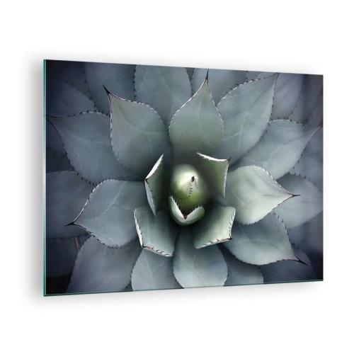 Glasbild - Bild auf glas - Eine Nahaufnahme der symmetrischen, stahlfarbenen Agavenblätter. - 70x50cm - Es lockt an und warnt - Moderne Wanddekoration für Wohnzimmer und Schlafzimmer ARTTOR