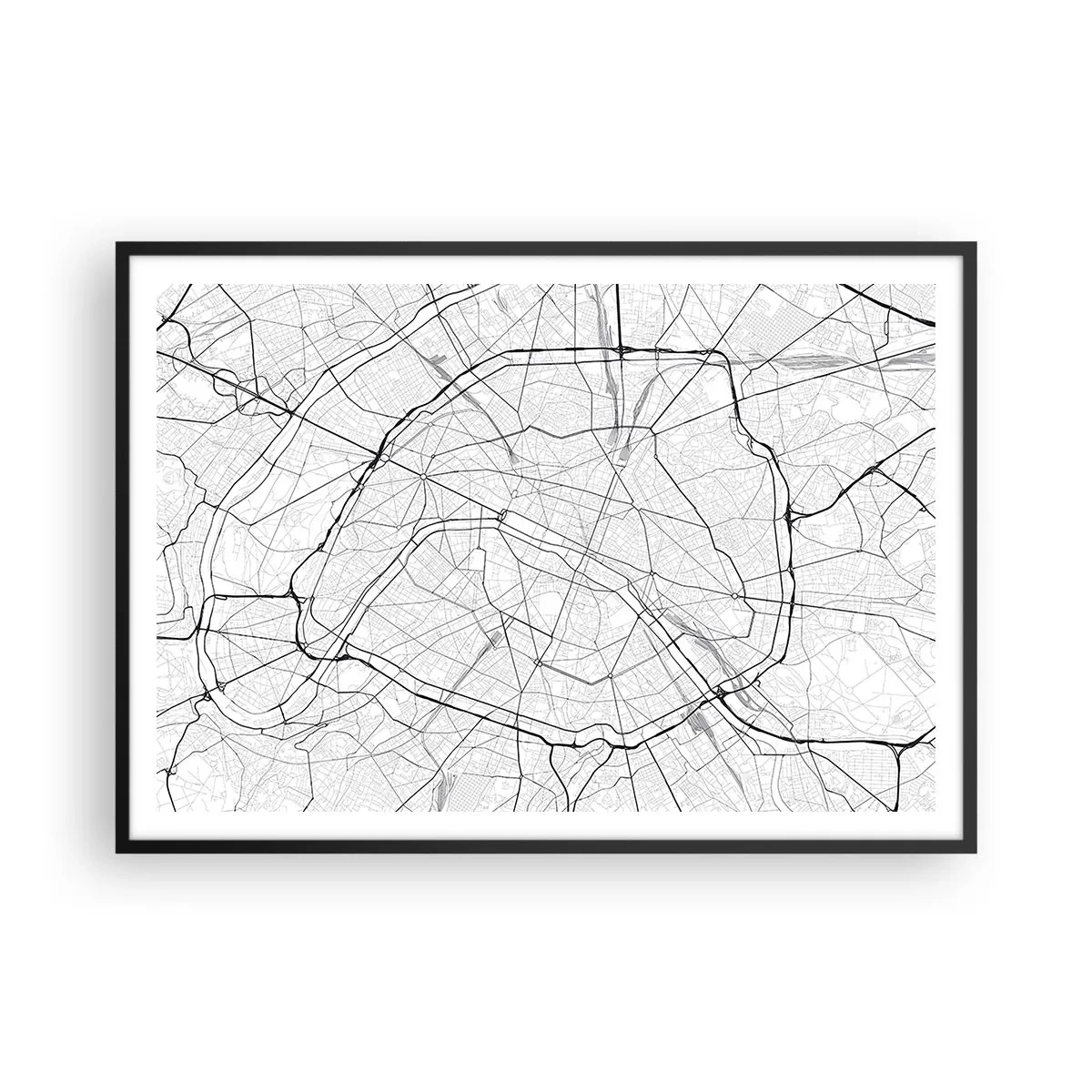 Poster in einem schwarzem Rahmen - Minimalistischer Stadtplan in Schwarz-Weiß - 100x70cm - Pariser Blume - Moderne Wanddekoration für Wohnzimmer und Schlafzimmer ARTTOR