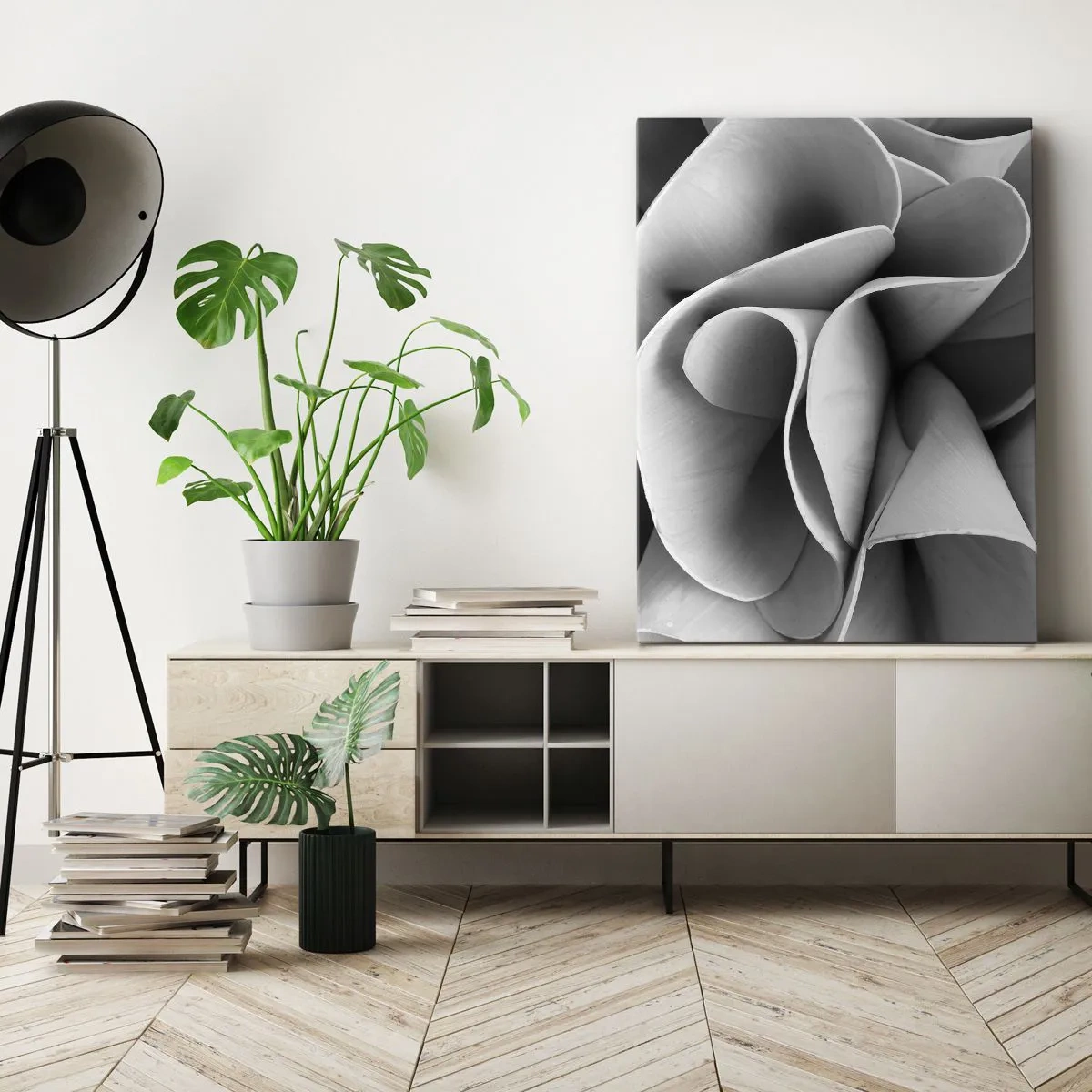 Bild auf Leinwand - Leinwandbild - Schwarz-weiße Details abstrakter Formen - 80x120cm - Es passiert im Weltraum - Moderne Wanddekoration für Wohnzimmer und Schlafzimmer ARTTOR