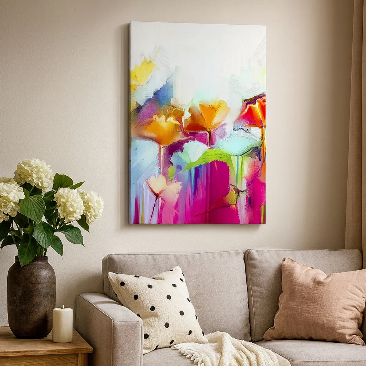 Bild auf Leinwand - Leinwandbild - Abstrakte bunte Blumen auf hellem Hintergrund - 50x70cm - Der Regenbogen ist aufgeblüht - Moderne Wanddekoration für Wohnzimmer und Schlafzimmer ARTTOR