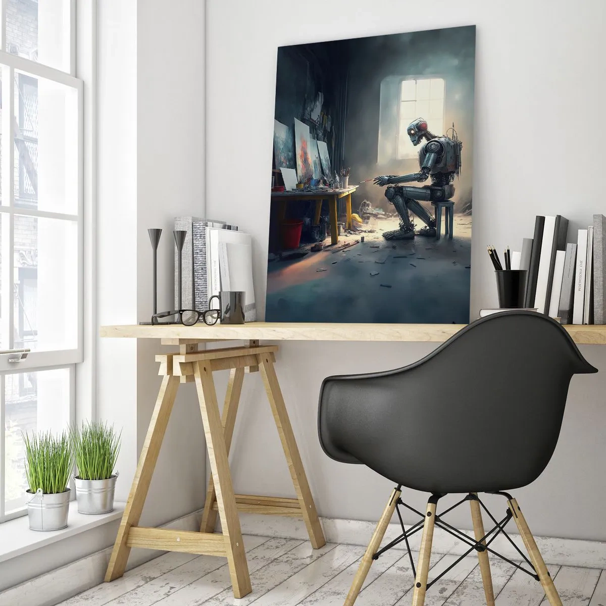 Glasbild - Bild auf glas - Ein Roboter, der in einem Kunstatelier Bilder malt - 50x70cm - Schöpfungsakt - Moderne Wanddekoration für Wohnzimmer und Schlafzimmer ARTTOR