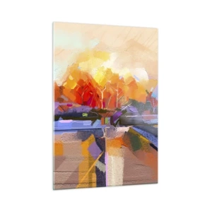 Glasbild - Bild auf glas - Abstrakte Landschaft mit Sonnenuntergang und bunten Feldern - 50x70cm - Der Herbst ist geworden - Moderne Wanddekoration für Wohnzimmer und Schlafzimmer ARTTOR