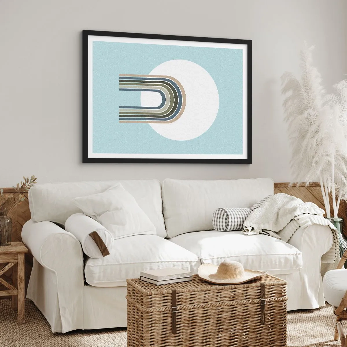 Poster in einem schwarzem Rahmen - Eine minimalistische Komposition mit einem Kreis und Linien auf pastellfarbenem Hintergrund. - 70x50cm - Unwiderstehliche Anziehungskraft - Moderne Wanddekoration für Wohnzimmer und Schlafzimmer ARTTOR