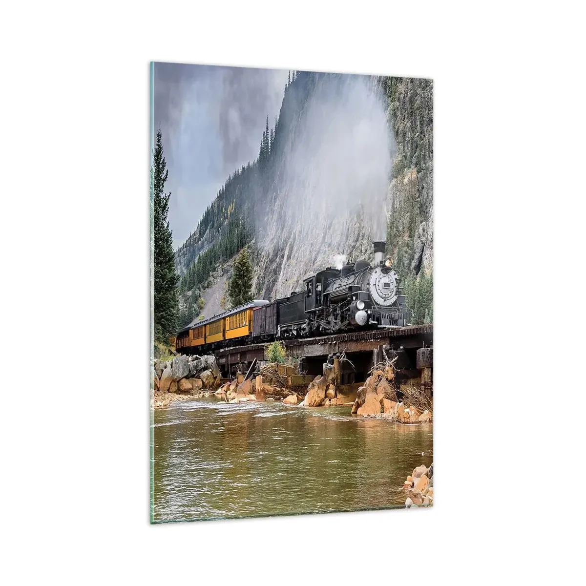 Glasbild - Bild auf glas - Eine Dampflokomotive auf einer Brücke in einer malerischen Berglandschaft - 80x120cm - Wo willst du hin? Wohin? - Moderne Wanddekoration für Wohnzimmer und Schlafzimmer ARTTOR