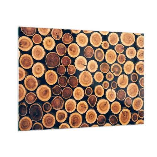 Glasbild - Bild auf glas - Blick auf in einer Reihe angeordnete, geschnittene Baumstämme - 100x70cm - Wie alt sehe ich aus? - Moderne Wanddekoration für Wohnzimmer und Schlafzimmer ARTTOR