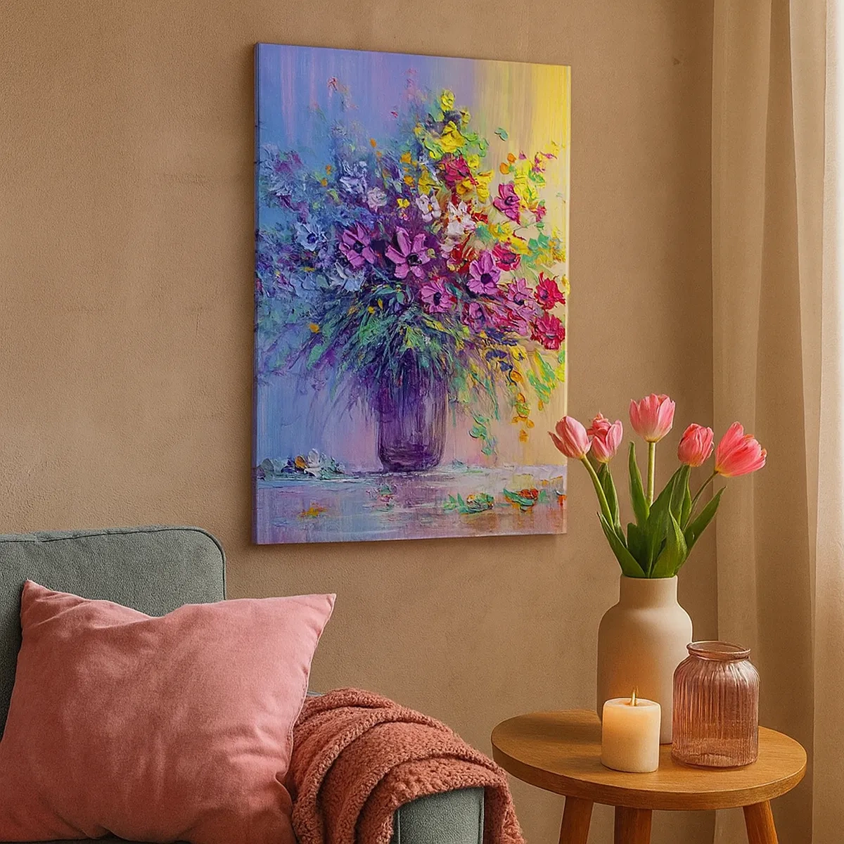 Bild auf Leinwand - Leinwandbild - Ein bunter Blumenstrauß in einer Vase vor einem Hintergrund mit Farbverlauf - 50x70cm - Sommergeschenk der Wiese - Moderne Wanddekoration für Wohnzimmer und Schlafzimmer ARTTOR