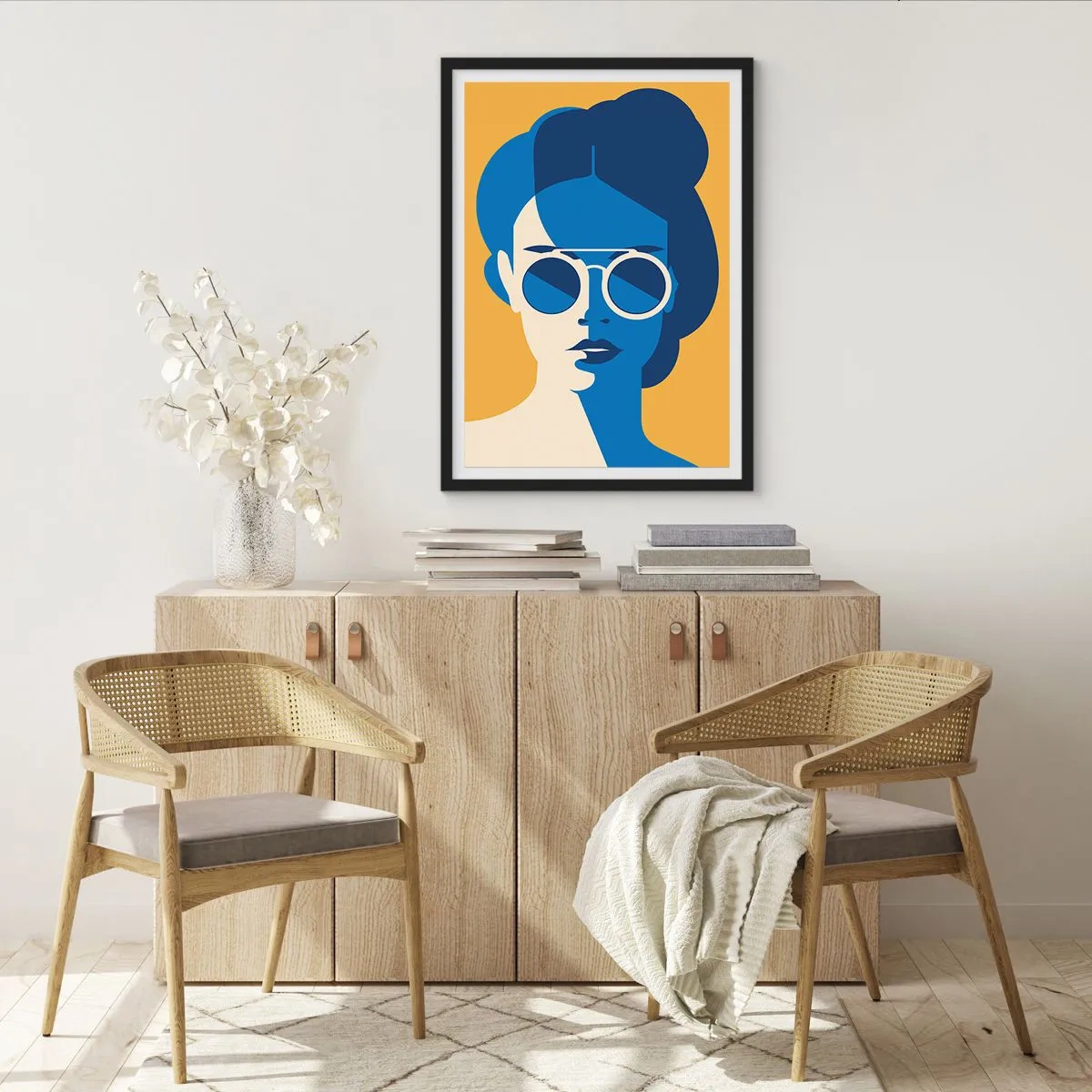 Poster in einem schwarzem Rahmen - Abstraktes Porträt einer Frau mit Sonnenbrille - 50x70cm - Urlaubslook - Moderne Wanddekoration für Wohnzimmer und Schlafzimmer ARTTOR
