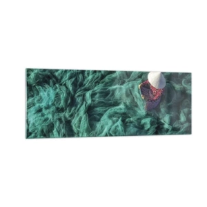 Glasbild - Bild auf glas - Eine Person mit Hut zwischen grünen Fischernetzen - 140x50cm - In einem Meer aus Netzen - Moderne Wanddekoration für Wohnzimmer und Schlafzimmer ARTTOR