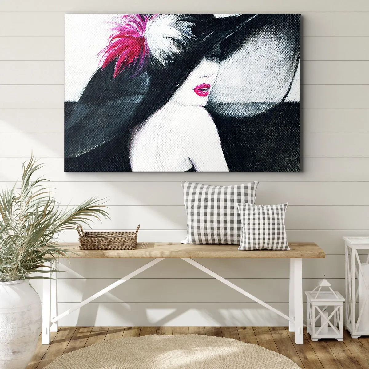 Bild auf Leinwand - Leinwandbild - Stilvolle Frau mit Federhut - 100x70cm - Immer ein Geheimnis - Moderne Wanddekoration für Wohnzimmer und Schlafzimmer ARTTOR